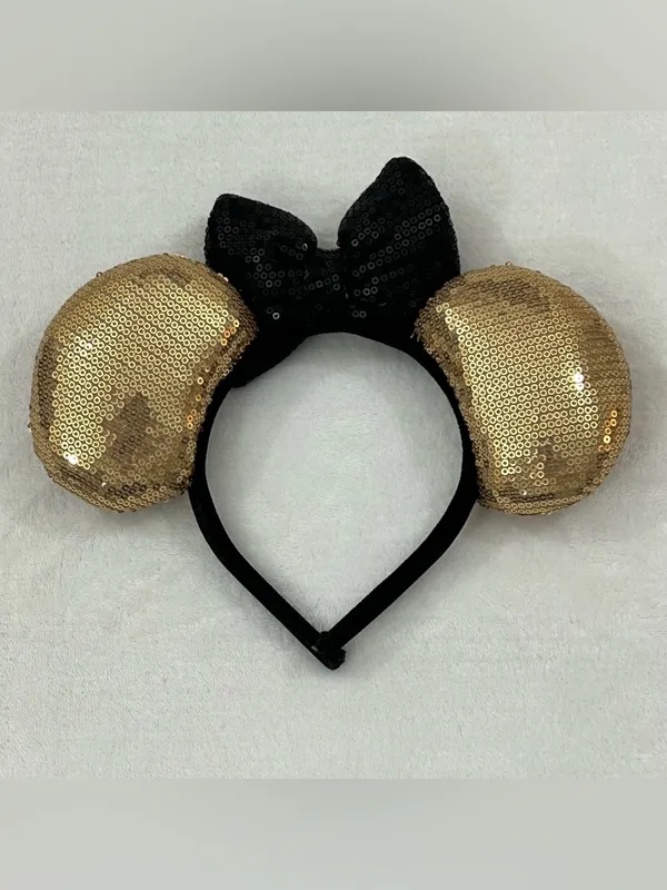 Glamorous Gold & Black Bow Sequin Minnie Mouse Disney Ears Headband - Image 2