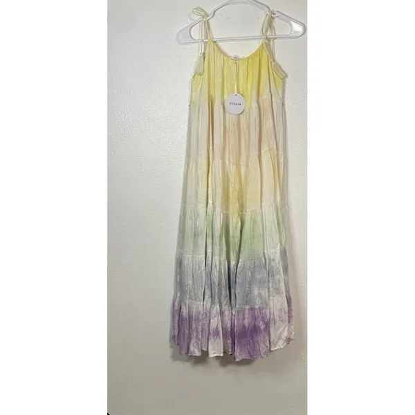 STORIA Tie Dye Maxi Dress Colorful Sleeveless Tasseled Straps Size S 100% Rayon - Image 6