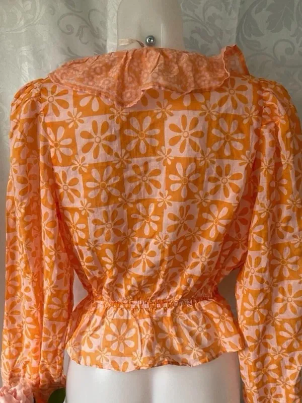 Free People 70s Retro Orange Pink Floral Ruffle Wrap Blouse Boho Peplum Top L - Image 7