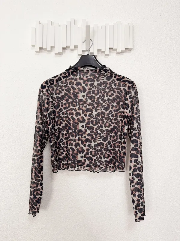 Miss Sparkling Leopard Print Sheer Mesh Mock Neck Long Sleeve Top XL - Image 2