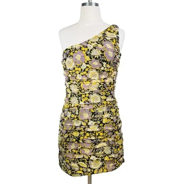 Zara Floral One Shoulder Ruched Mini Dress Size‎ M Yellow Purple Metallic NWT - Image 3
