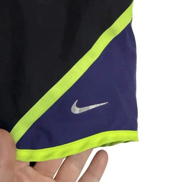 Nike Dri-FIT‎ Running Shorts Womens Medium Purple Black Neon Green Colorblock 3" - Image 4