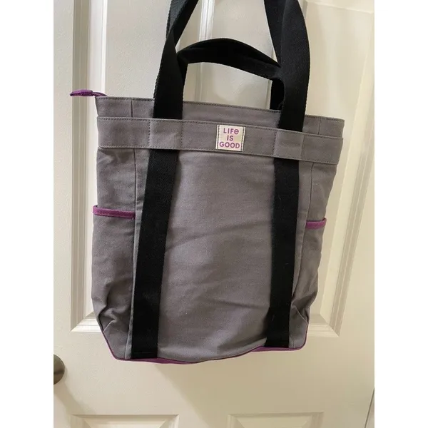 New Life Is Good tote bag Canvas Purple/Gray Tote W/Flower Motif 14x15 Inches - Image 2