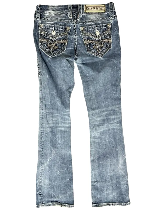 Rock Revival Denim Women’s Size 26 Blue Straight Leg Distressed Embellished Flap - Image 2