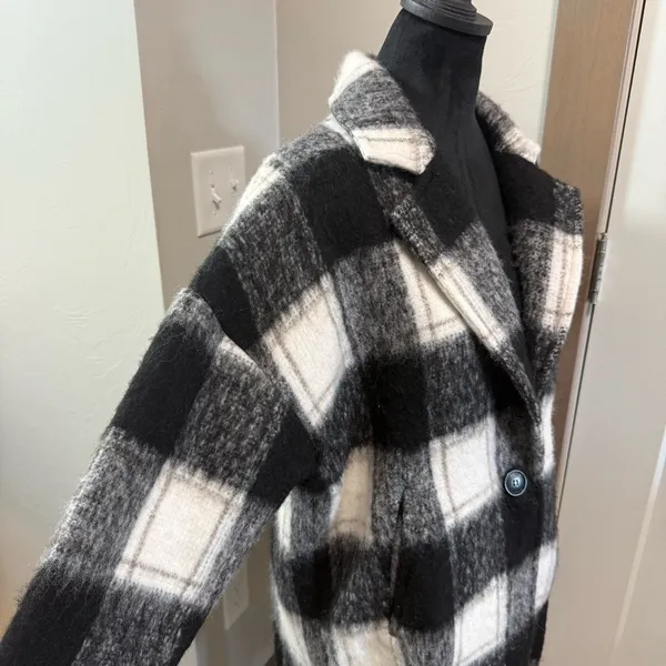 Karen Kane Plaid Fringe Jacket Black White Button Notch Collar Wool Blend S - Image 4