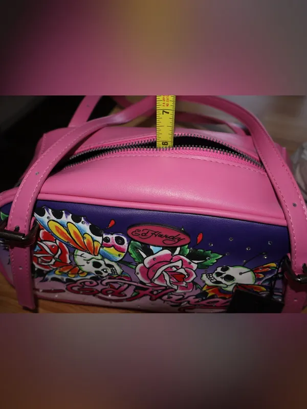 Ed Hardy Pink Shoulder Bag Tattoo Skull Rose Butterfly Rhinestone Barrel Satchel - Image 9