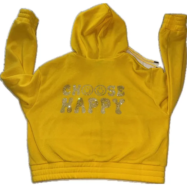 Yellow Rhinestone "Choose Happy" Pullover Hoodie Size XL - Image 2