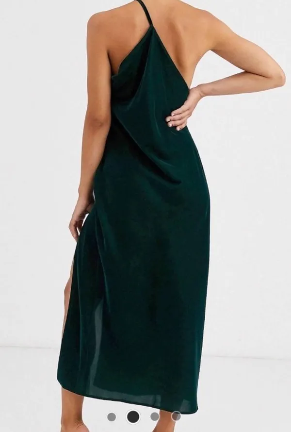 ASOS One Shoulder Dress Dark Green Velvet Slit - Image 2