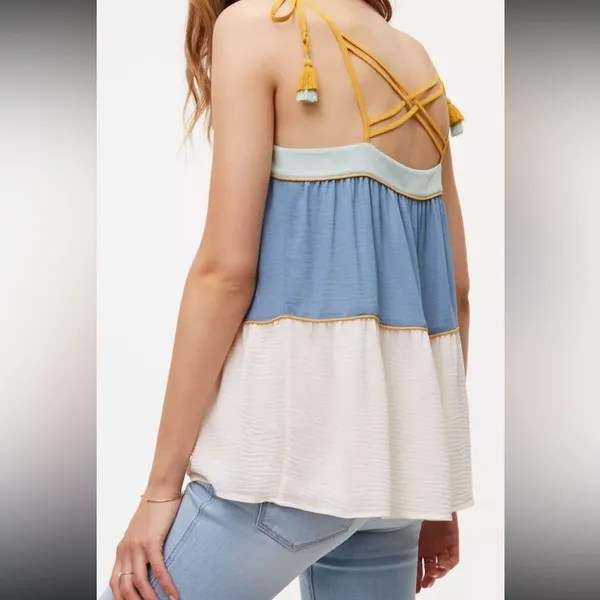 Ann Taylor LOFT Blue Cream Tiered Cami Tank Top Medium - Image 6