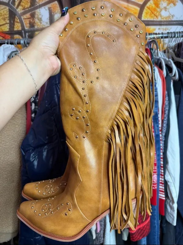 WRFCZGF Cowboy Boots for Women Fringe Knee High Cowgirl Boot Brown. Size 8 - Image 3