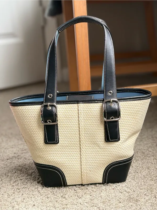 Vintage Coach 4467 Straw Leather Mini Tote Bag Black Trim Y2K Authentic - Image 3