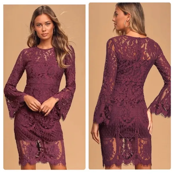 Lulus Enrapturing Elegance Plum Lace Long Sleeve Midi Dress - Image 3