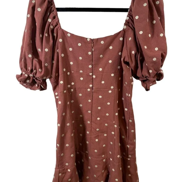 By Together Brown and White Polka Dot Zip Back Mini Dress‎ with Puff Sleeves - Image 3