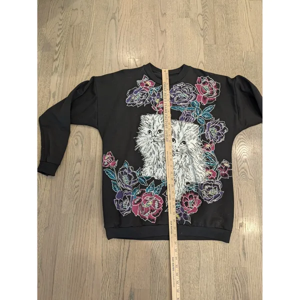 VTG 80s Persian Cat Kitten Floral Glitter Graphic Sweatshirt Crewneck Pullover - Image 5