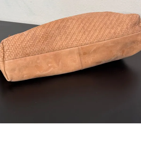 Lucky Brand Woven Leather Clutch Women Large Tan Bohemian Zipper Pouch - Image 13