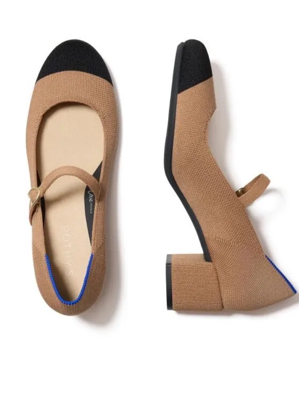 Rothy’s Camel Tan Mary Jane Block Heel Pumps with Black Cap Toe Sz 7.5 - Image 2