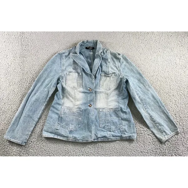 Vtg Focus 2000 Denim Blazer‎ Women M Light Wash 2 Button 4 Pocket Utility Jacket - Image 2