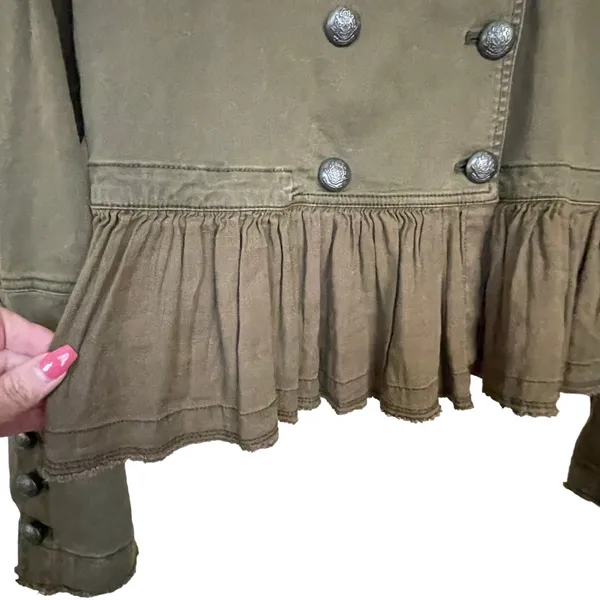 Free People Peplum Military Olive Green Ruffled Hem Double Breasted Jacket XS - Image 10