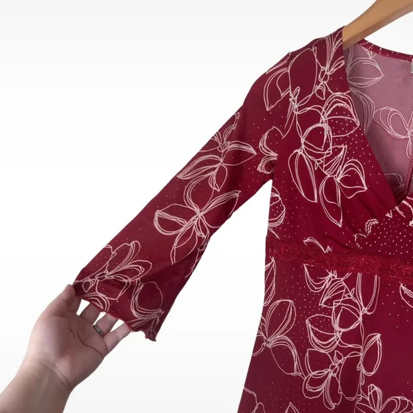 Vintage Y2K Finesse 3/4 Sleeve Red Floral Lace Waist Dress Women’s Medium Boho - Image 3