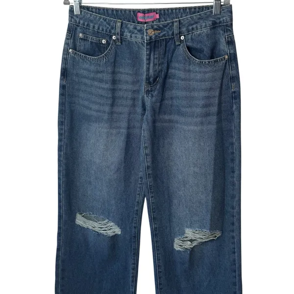 NEW Edikted Mid Rise Wide Leg Distressed Jeans‎ Color Indigo Blue Raw Washed M - Image 3