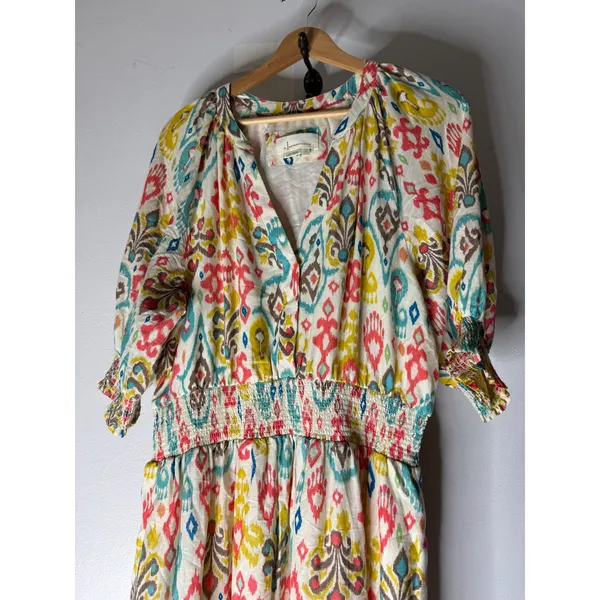 Anthropologie Felipa Maxi Dress Size L Ikat Print‎ Smocked Waist Short Sleeve - Image 5