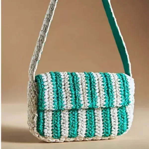 NWOT Anthropologie STRIPED RAFFIA SHOULDER BAG IN Green Small Size - Image 3