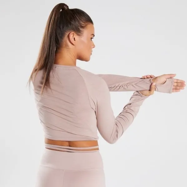 Gymshark Pink Beige Cropped Ruched Tie Up Ribbon Long Sleeve Top‎ Size M - Image 2