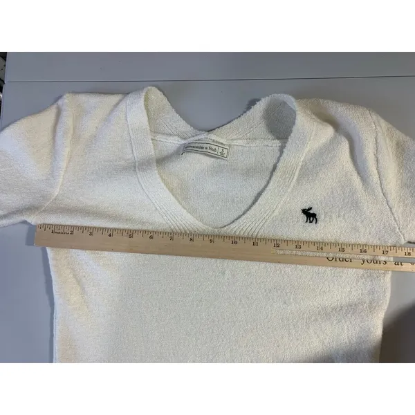 Vintage Abercrombie‎ & Fitch Womens V-Neck Ivory Pullover Small Solid Logo - Image 5