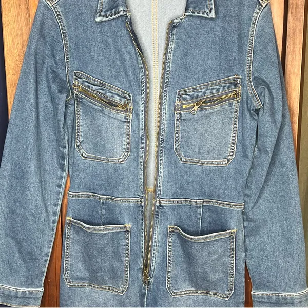 Free People Lennox Blue Denim Coverall Jumpsuit Zip Front Utility Fitted M - Image 4