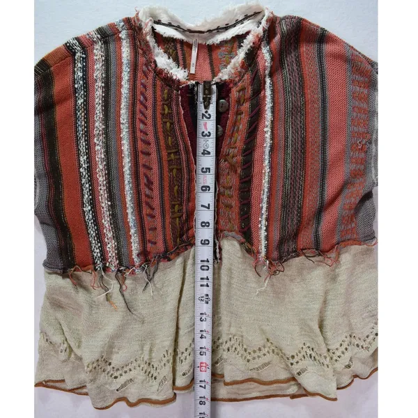 Free People Mixed Media Cardigan Striped Knit Pointelle Bell Sleeve Boho Medium - Image 6