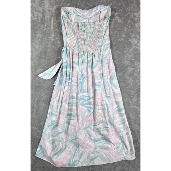 VTG 80s Pastel Strapless Mini Dress 13 Tropical Bird Print Summer Retro Side Tie - Image 8