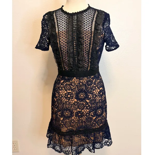 AQUA Lace Mini Dress Sz S Navy Blue‎ Floral Guipure Cocktail Party Wedding Guest - Image 4