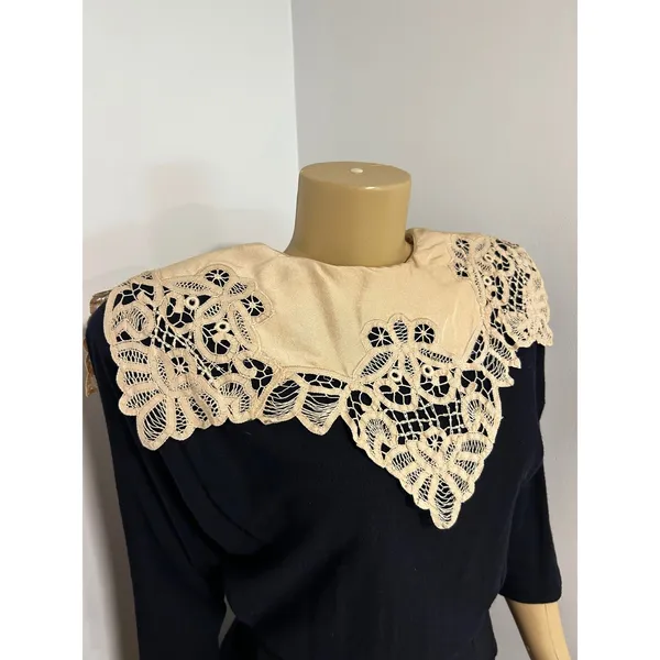 Nancy Johnson Vintage Black Midi Dress Detachable Cream Lace Collar Medium USA - Image 3