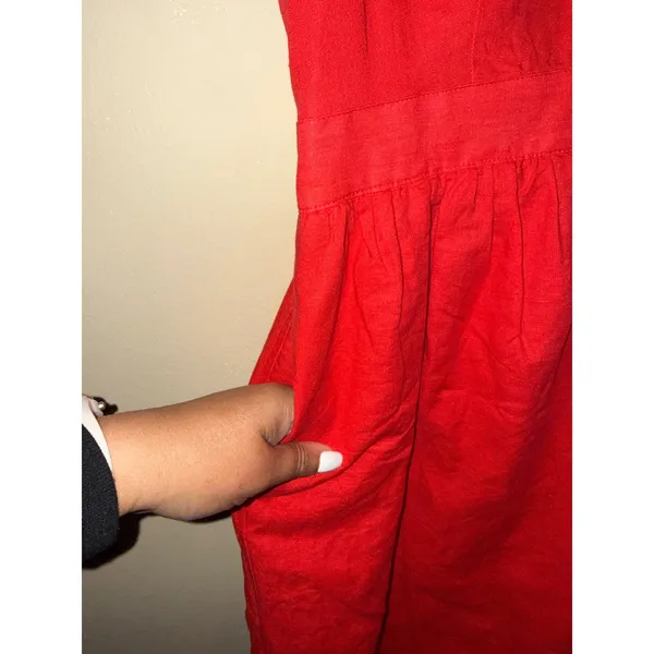 J.Crew Red Linen Cotton Apron Dress M Pockets Tie Open back J0982 Picnic Preppy - Image 9