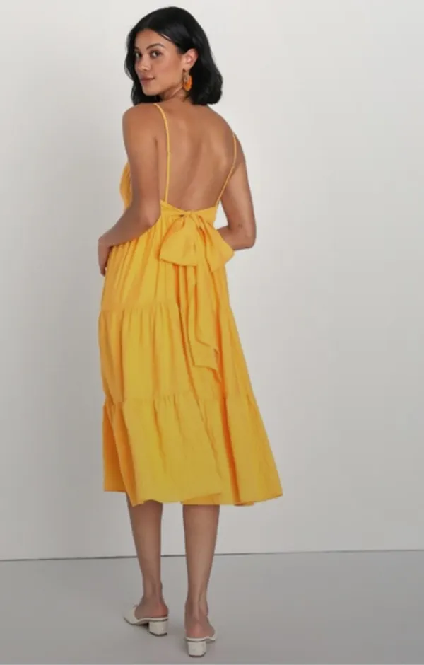 Lulus Golden Yellow Tiered Tie-Back Midi Dress - Image 2