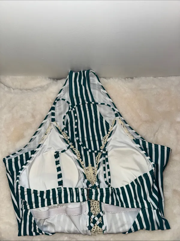CUPSHE Striped One Piece Swimsuit w Boho Crochet Trim Women’s Large L - Image 6