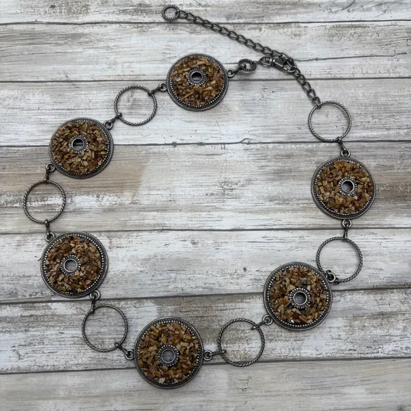 Medallion Chain Link Belt OS Brown Silver Boho Stone Inlay Earthy Artsy Western - Image 4