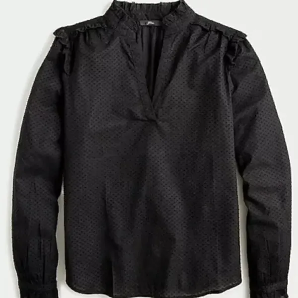 J. Crew Ruffle-Trim V-neck Popover in Clip Dot Black Size S Dark Feminine Chic - Image 2