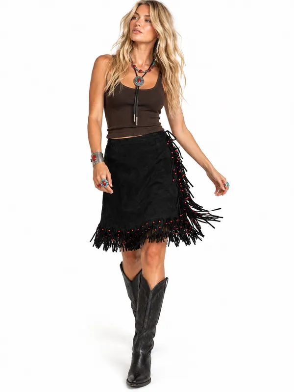 Vintage Black Suede Fringe Red Bead Western Wrap Midi Skirt L XL Cowgirl - Image 2