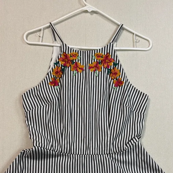 I.N. San Francisco Black and White Striped Dress with Floral Detail - Image 2