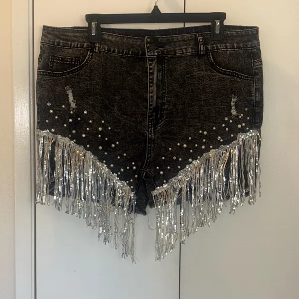 New Collection festival Silver Fringe Denim stretchy cowgirl Shorts size XXL - Image 3