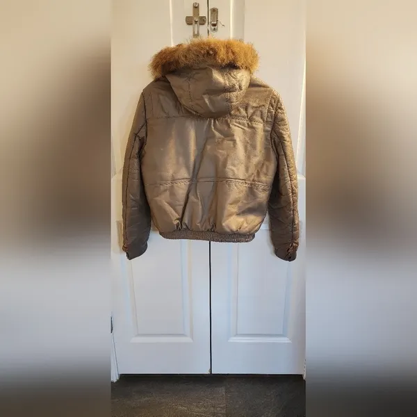 vintage hill & archer leather bomber heavy winter jacket with fox tail hood M - Image 3