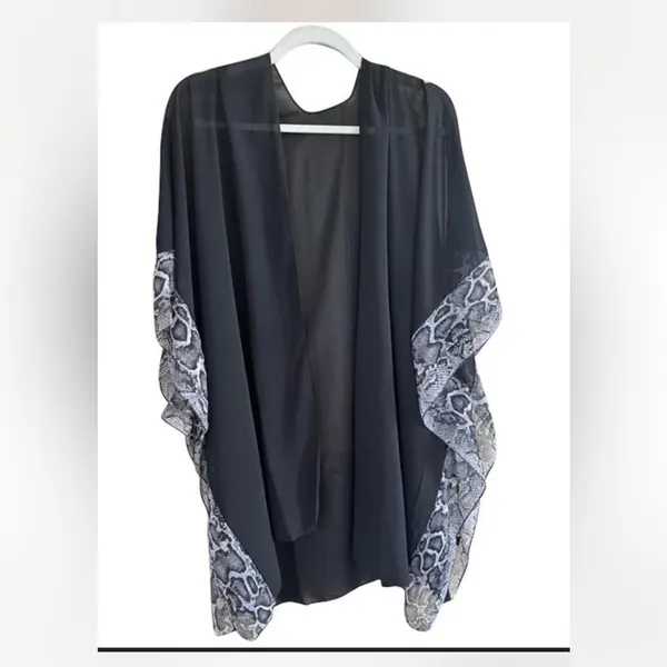 Black Chiffon Kimono Cardigan Snakeskin Trim Resortwear Boho xl - Image 2