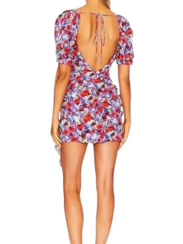 For Love & Lemons Chiara Purple Floral Ruched Puff Sleeve Mini Dress Size Medium - Image 2