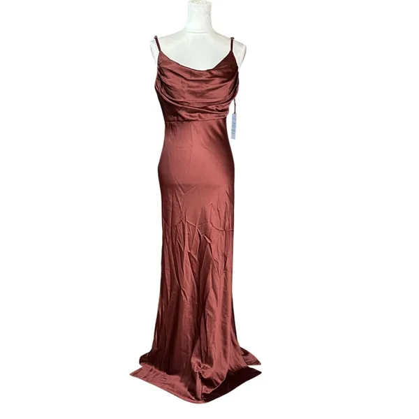 Revelry Skye Satin Side Zip Dress Size 12 Burnt Orange Double Slit NWT - Image 2