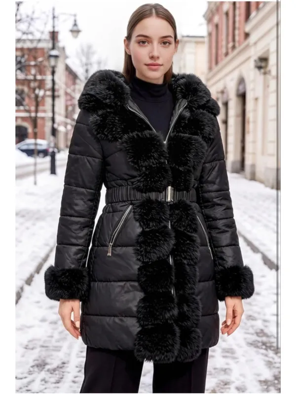 NEW Vegan Leather Winter Fur Lined Coat puffer Jacket Fur Trim Hooded S $140 - Image 4