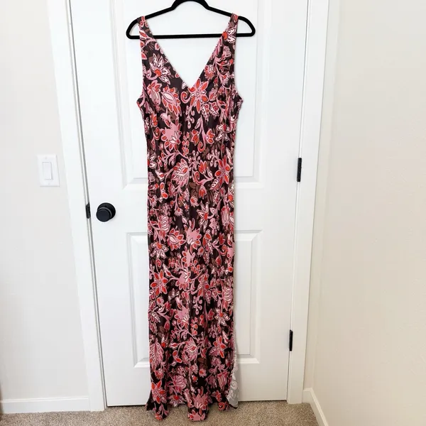 Loft Womens Paisley Boho Maxi Dress Size‎ 14 V Neck Slit Resort Vacation Slip - Image 2