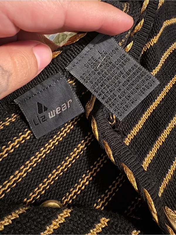 Vintage Lizwear Black and Gold Metallic Stripe Nautical Fisherman Cardigan - Image 4