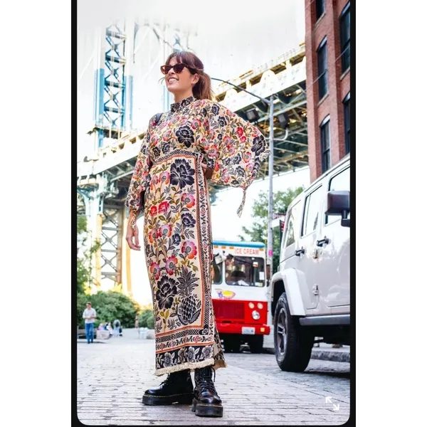 Farm Rio Romantic Garden Tie Sleeve Floral Print Fringed Mock Neck Maxi Dress M - Image 3