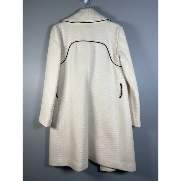 Wool Blend Cream Coat Asymmetrical Zip Front Black Trim Elegant Luxury Sz‎ Large - Image 10